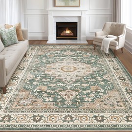 Green Rug Living Room Rugs: 8x10 Washable Boho Large Vintage Soft Stain Resistant Farmhouse Oriental Non Slip Indoor Floor Carpet for Bedroom Nursery Kids Playroom Office Dining Room Home Decor