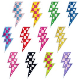 Jongdari 12pcs Checkered Lightning Bolt Iron On Patches for Hats, Multicolour Racing Day Embroidery Patches for Clothes Trucker Jacket Denim Jeans Shirt (Multicolour, 12pcs)