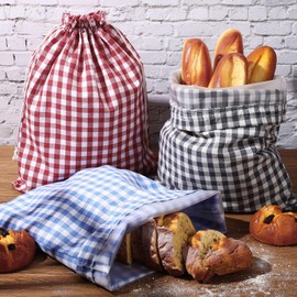 Nitial 3 Pack Linen Bread Bags for Homemade Bread, 17" x 13" Sourdough Bags with Inner Lining Drawstring Reusable Natural Large Bread Storage Bags for Farmhouse Bakers, House Warming Gift (Plaid)