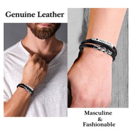 TERRISHE Gift Men's Bracelet Black Leather Gift for Dad Son Husbands Friends Gift for Father's Day Graduation Birthday Christmas Valentine's Day, adjustable, Stainless Steel, No Gemstone