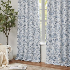 jinchan 100% Blackout Floral Curtains 84 Inches Long, Printed Flower Blue Blackout Curtains for Bedroom Rod Pocket Back Tab Full Blackout Curtains Thermal Insulated Window Drapes, 2 Panels Blue