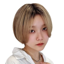 AQUADOLL Wig, Short Bangs, Center Straight Blonde, Color, High Tone, Full Wig, One Size Fits Most, P-CMB. Cinnamon Beige Pudding wg358P-CMB