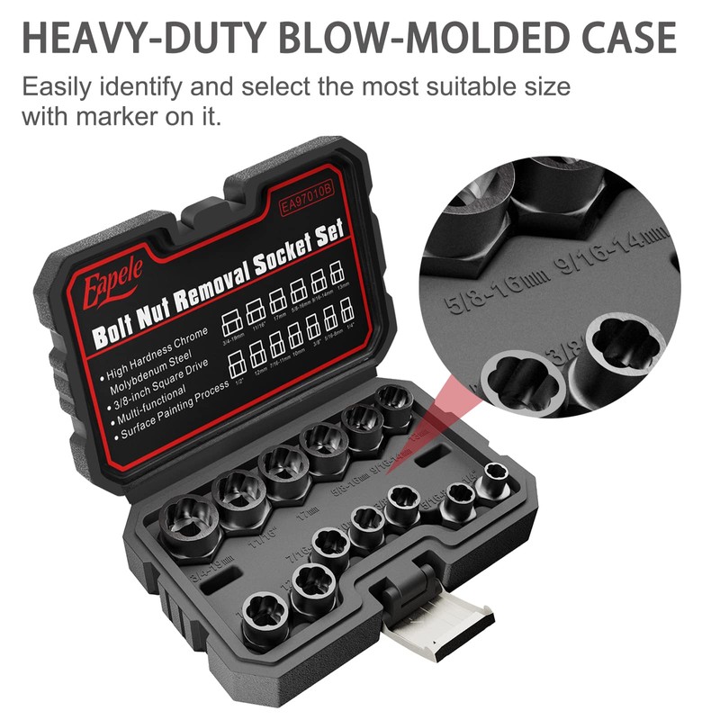 Eapele 13pcs Bolt Extractor Set, Stripped Nut Remover Twist Sockets,