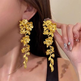 Large Flower Earrings Gold Dangle Earrings Stud Leaf Wedding Earrings Big Flower Drop Earrings Metal Petal Long Earrings Floral Exaggerated Earrings Flower Statement Earrings Jewelry for Women