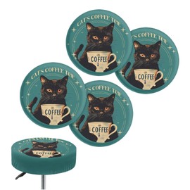 Fiqyvagox Black Cat Coffee Cup 4 PCS Stretch Circle Bar Stool Seat Slipcovers Soft Machine Washable Bar Stool Covers Round Smooth Chair Seat Slipcovers