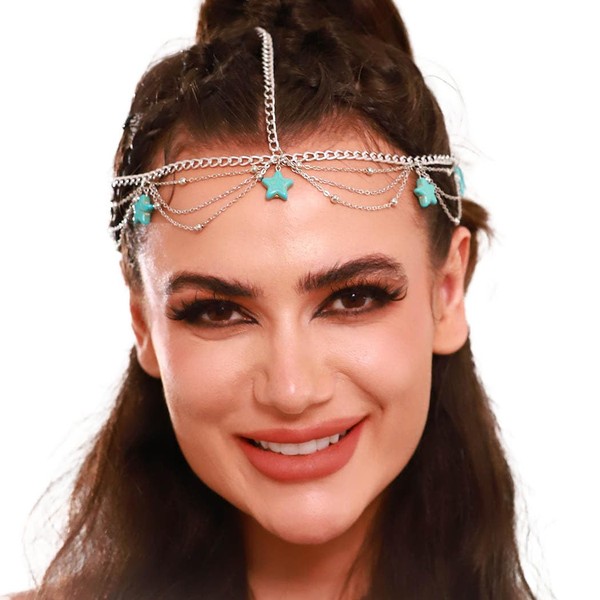 Tgirls Boho Turquoise Head Chain Jewelry Layered Beaded Headpiece Star