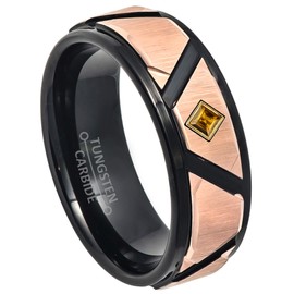 Black & Rose Gold IP Tungsten Carbide Wedding Band with 0.05ctw Princess Cut Citrine Tungsten Ring - Comfort Fit Tungsten Anniversary Ring - WG Bezel