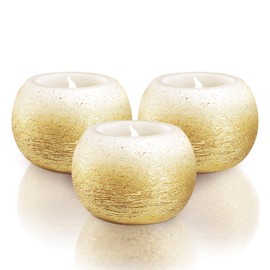 FURORA LIGHTING Small Gold Glittery Real Wax Flameless Candles, Pack of 3 – LED Flickering Small Round Candles, 2.4” x 1.6”, Battery Included, Ideal for Home Decor