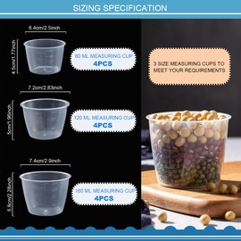 DOERDO 12Pcs Plastic Transparent Rice Measuring Cup Kitchen Measuring Tool for Dry and Liquid Ingredients (3 Sizes, 80ML, 120ML, 160ML)