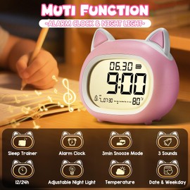 Kids Alarm Clock with Night Light for Kids, Small Digital Alarm Clocks for Bedrooms, Routine Builder, Cute Cat Alarm Clock with Sleep Training, Snooze, 12/24H, Date & Day, Temperature, USB Port