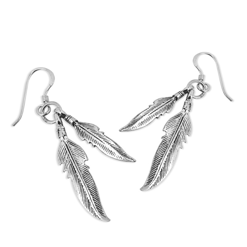 Amazing Double Feather .925 Sterling Silver Dangle Earrings
