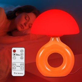 Mushroom Red Light for Sleep, 670nm Red Night Light Lamp - 4 Color and 5 Brightness Glass Table Lamp, Touch Remote Control LED Light for Deep Relaxation and Sleep Bedroom(Orange Base)