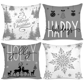 Miaikoe Grey Christmas Cushion Covers 50 x 50 cm Set of 4 Christmas Decorations Happy Holidays Holly Jolly Snowflake Merry Christmas Decor Throw Cushion Cover for Home Couch Sofa Decoration