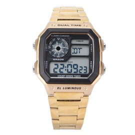 Watch Waterproof Alloy Digital Chronograph Stopwatch Luminous Sports Watch Built in BatteryGold