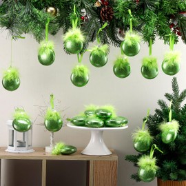 Hollowfly 24 Pcs Christmas Flat Ball Ornaments DIY Lime Green Christmas Ornaments with Fuzzy Green Hair Glitter Plastic Xmas Ornaments with 2 Pcs Dry Erase Markers for Xmas Tree Home Decor Craft