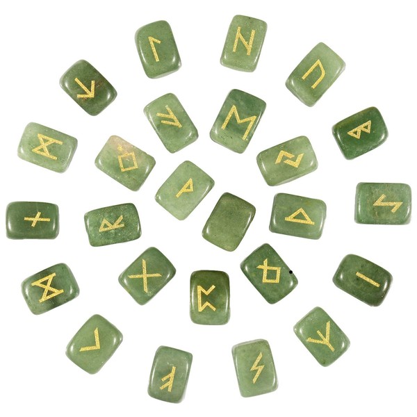 Nupuyai Natural Green Jade Runes Stones Set Polished Witches Crystal with Engraved Elder Futhark Runic Alphabet for Meditation Divination Healing