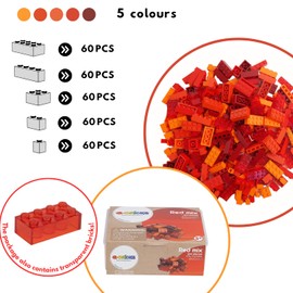 Q-Bricks Building Blocks Box, 300 Basic Building Blocks in 5 Shapes, Packed in a Reusable Box, 100% Compatible, Made in the EU (Red Mix)