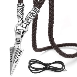 BAVIPOWER Runic Odin's Gungnir Spear Head Pendant Necklace 316L Stainless Steel Nordic Scandinavian Viking Men Jewelry (Brown Leather Chain with Wolf Head, 28)