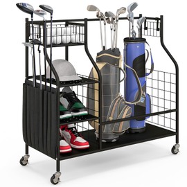 ULTIMATE 4-in-1 Golf Bag Storage Organizer with Lockable Wheels, 2 Golf Bags Storage Stand w/ 8-Pocket Organizer, Golf Ball Basket, 4 Removable Hooks & 3-Tier Shelf, Garage Storage Rack for Women Men