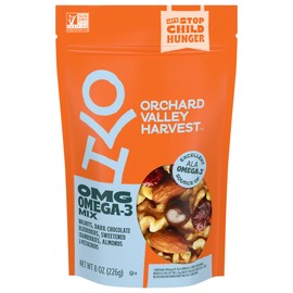 Orchard Valley Harvest OMG Omega-3 Mix, Walnuts, 8 oz Resealable Bag, Dark Chocolate Blueberries, Sweetened Cranberries, Almonds, Pistachios, Gluten Free, Non-GMO, Healthy Snacks for Adults