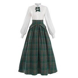 Nuoqi Victorian Dress Costume Women Christmas Plaid Dress White Edwardian Blouse with Plaid Skirt XXL