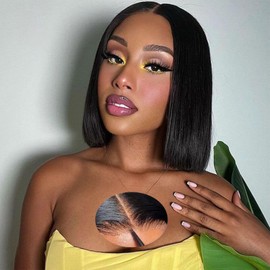 Yonova Short Bob Wig Wear and Go Human Hair Glueless Wigs Pre Plucked Pre Cut 4x4 Lace Front wigs HumanHair Bob Wig Human Hair for Black Women 180% Density Natural Black 12 Inch