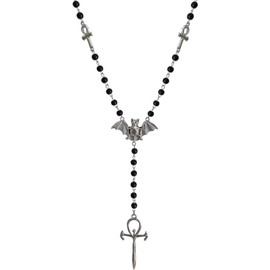 Ankh Cross Bat Necklace Religious Grunge Gothic Vampire Black Long Rosary Beaded Ancient Egyptian Necklace for Women