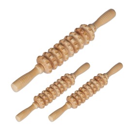 Relaxdays 3 x Wooden Massage Roller with 2 Handles, Manual Massager for Back, Neck, Arms & Legs, Natural
