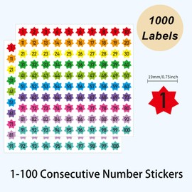 0.75 Inch Number Stickers Labels, Colored Consecutive Number Stickers 1-100, Waterproof/Tear Resistant Self-Adhesive Vinyl Numbered Sticker, Use for Inventory, Storage, Organizing, Boxes- 1000Pcs