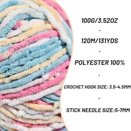 Plush Chunky Chenille Yarn for Crocheting, Soft Fluffy Velvet Yarn for Crocheting, Fuzzy Baby Blanket Knitting Yarns, 100g/131yds Bulky Amigurumi Yarns（Candy Color）