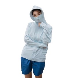 Growncharm SYZ4027 Women's Rash Guard, Cool Material, With Hole Fingers, High Neck, Hat with Tongue, UPF 50+, UV Protection, blue (light)