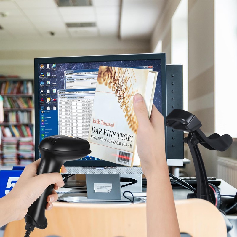 WoneNice Hands-Free USB Barcode Scanner with Stand for Retail, POS