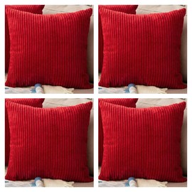 SEECHOO Set of 4 Corduroy Cushion Covers Cord Soft Decorative Throw Pillow Cushion Soft Striped Pillowcase for Home decor Sofa with Invisible Zipper 45X45 cm 18x18 Inch (Red)