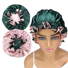 Adjustable Silk Satin Bonnet Hair Care Caps for Women Girls Loose-fitting Reversible Sleeping Cap Shower Caps Hair Wrap Bonnets (003 Spruce/Blush)