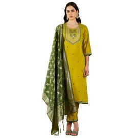 VredeVogel Women's Embroidered Viscose Rayon Kurta with Pant & Banarasi Silk Dupatta Set (Lemon_2X-Large)