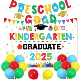 Preschool Graduation Decorations 2025, Colorful Preschool Graduation Backdrop for Prek Grad Celebration, Rainbow Preschool Grad Banner Balloons for Kindergarten Photography Booth Background White