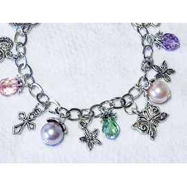 Cynthia Lynn "RESURRECTION" Rhodium Silver Multi-Color Czech Fire Polished Crystal and Glass Pearl Cross Easter Toggle Charm Bracelet 7.5"