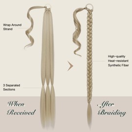 FESHFEN Long Braided Ponytail Extensions with Hair Tie, 26 inch Ash Blonde Straight Wrap Around Hair Piece Ponytails for Women Synthetic Pony Hairpieces for Daily Wear