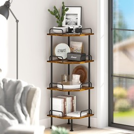 Awelov Corner Shelf Stand with Wheel 4-Tier Removable Corner Bookshelf Wood Storage Display Shelf for Bedroom Living Room