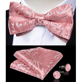 DiBanGu Mens Pre Tied Bow Tie Silk Adjustable Bow Tie with Woven Pocket Square Formal Cufflinks Wedding Party Pink and White Paisley One Size, Pink and white paisley pattern