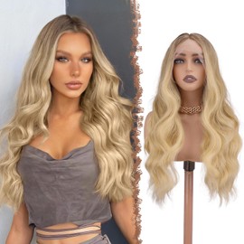 FESHFEN Lace Front Wig - Long Curly Wavy Synthetic Hair Wigs with 34 x 11 x 3 cm HD Lace Wig for Women, Ombre Brown Blonde 70 cm