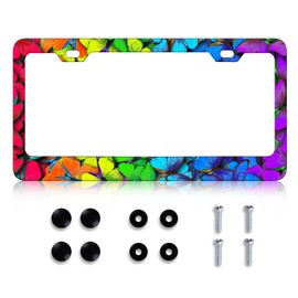 Colorful Butterfly License Plate Frame - Butterflies License Plate Holder, Rust-Proof Stainless Steel License Plate Cover Decoration with Screws Caps for Standard Us 12x6 Inch