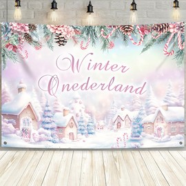 MEHOFOND 7x5ft Winter Onederland Backdrop for Pink Winter Happy 1st Birthday Party Decorations Banner Gingerbread House Birthday Party Decor Photo Booth Props