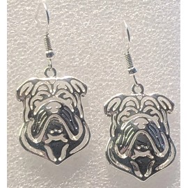 Bulldog Dog Head Earrings Shiny Silver Alloy Hook Drop Jewelry