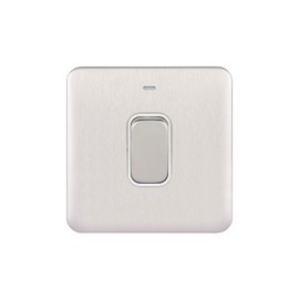 Schneider Electric Lisse Screwless Deco - Single Light Switch, Double Pole, with Neon Indicator, 50A, GGBL4011WSS, Stainless Steel with White Insert