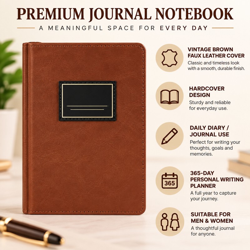Brown Faux Leather Journal for Daily Writing – Hardcover 365-Day