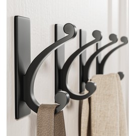 jockcaras jockcaras Adhesive Wall Hook for Towel/Coat - Extra Sticky 10LB Stainless, Stick on Hanger for Bath or Shower, Matt Black 4-Pack