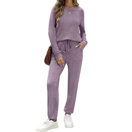 JUSTFASHIONNOW Sweat suits for Womens 2 piece Lounge Set Casual Ribbed Knit Outfits Long Sleeve Top and Drawstring Pants Matching Set Fall Outfits Pajamas Sets 2024 Purple XL