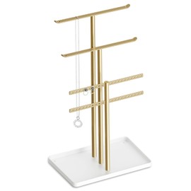 Jewelry Stand Organizer, 14.5" Tall Sturdy Metal, 3-Tier Jewelry Holder for Necklace, Earring, Bracelet, Ring, Hanger for Display and Storage, Aesthetic Room Decor, Gold Jewlery Stand with White Tray