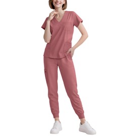 Eadflie Scrubs for Women Set - 8-Pocket V-Neck Scrub Uniform, Stretch Jogger Pants, Medical Workwear for Nurses, Pet Care (Flesh Pink/S)